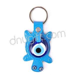 Turtle Shaped Faux Leather And Glass Evil Eye Key Chain Blue