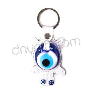 Turtle Shaped Faux Leather And Glass Evil Eye Key Chain White