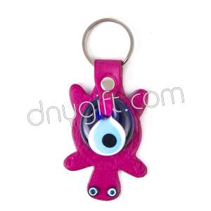 Turtle Shaped Faux Leather And Glass Evil Eye Key Chain Pink