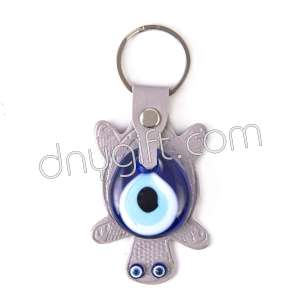 Turtle Shaped Faux Leather And Glass Evil Eye Key Chain Grey