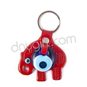 Evil Eye Beaded And Elephant Shaped Faux Leather Key Chain Red
