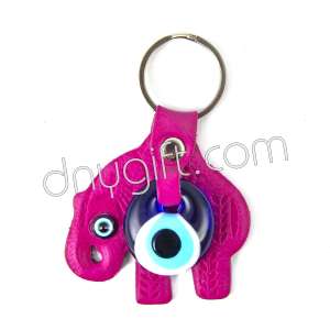 Evil Eye Beaded And Elephant Shaped Faux Leather Key Chain Pink