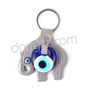 Evil Eye Beaded And Elephant Shaped Faux Leather Key Chain Grey