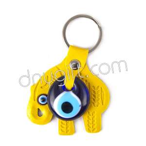 Evil Eye Beaded And Elephant Shaped Faux Leather Key Chain Yellow