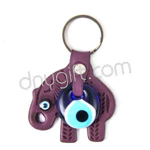 Evil Eye Beaded And Elephant Shaped Faux Leather Key Chain Purple