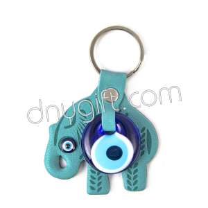 Evil Eye Beaded And Elephant Shaped Faux Leather Key Chain Green