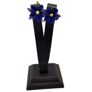 Needle Lace Wild Flower Stud Earrings Navy Blue
