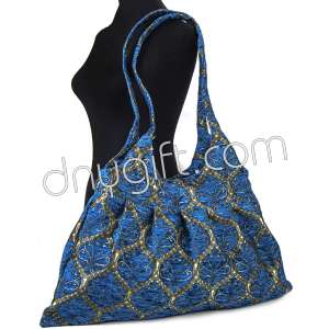Pleated Turkish Peacock Patterned Blue Shoulder Bag