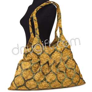 Pleated Turkish Peacock  Patterned Mustard Shoulder Bag 