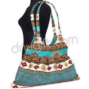 Pleated Turkish Patterned Turquois-Cream Shoulder Bag 