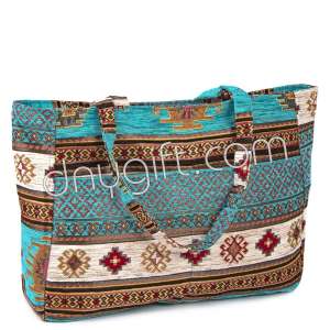Turksh Patterned Beach Bag In Turquois -Cream
