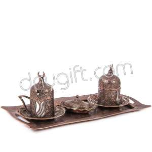 İkili Kahve Fincan Takımı Lale Desenli Bronz