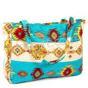 Double Pocketed Tapestry Turkish Beach Bag - Turquoise-Cream