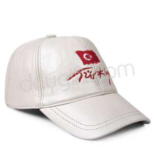 Deri Türkiye Nakışlı Şapka Krem