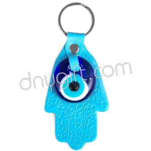 Fatima's Hand Faux Leather Key Chain Open Blue 