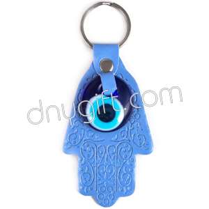 Fatima's Hand Faux Leather Key Chain Blue